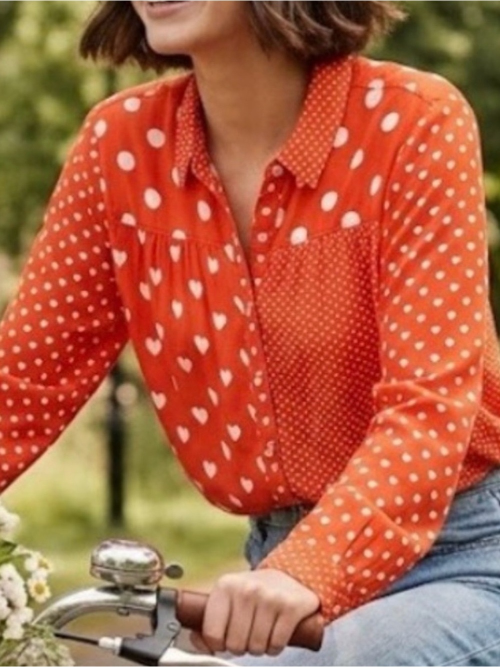 Anthropologie Maeve Orange Polka Dot & Heart Print Button-Down Shirt Size Large